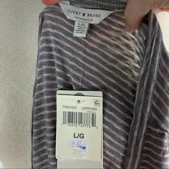 Lucky brand Womens top size L pink gray striped strawberry milk - Picture 6 of 10